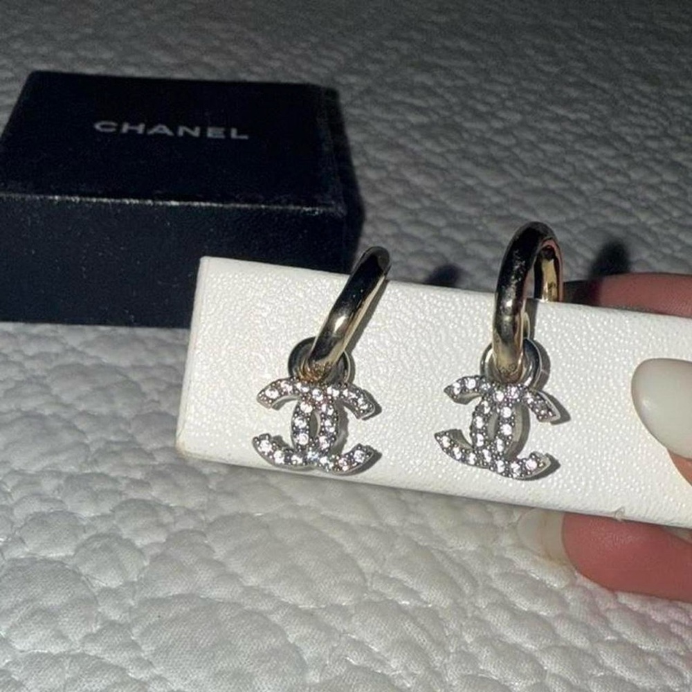 Chanel Crystal CC Hoop Drop Light Gold Vintage Earrings